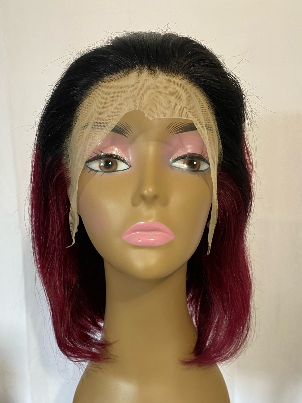 13x4 Lace Front Bob Wig 12” Ombre Burgundy T1B/99J 10A Human Hair Glueless 150%